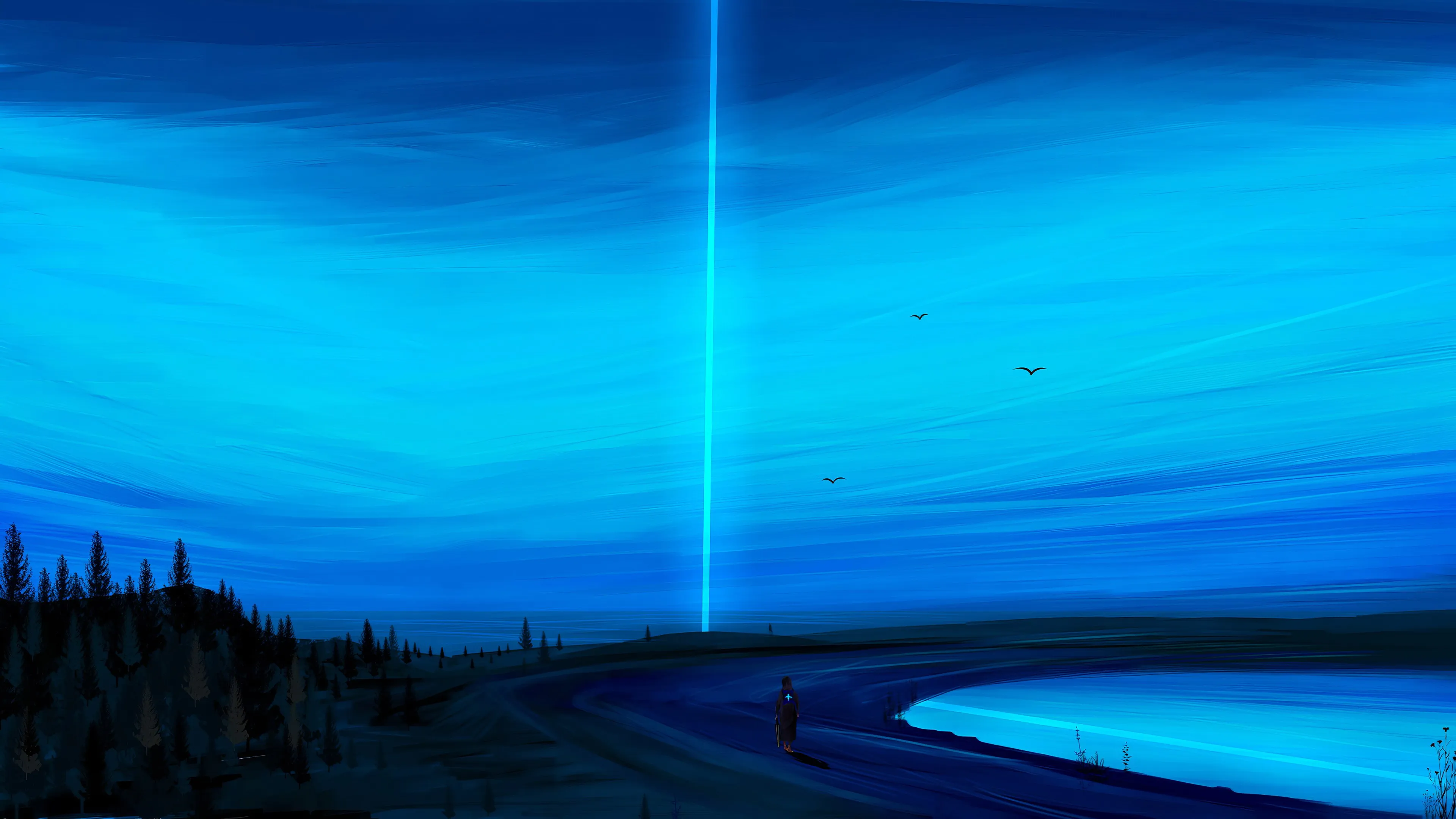 人物 AI艺术 插图 素描 绘画 数字 风景 自然 黑暗 蓝色 灯光 户外 树木 松树 湖 水 天空 天空 晴朗天空 4K壁纸