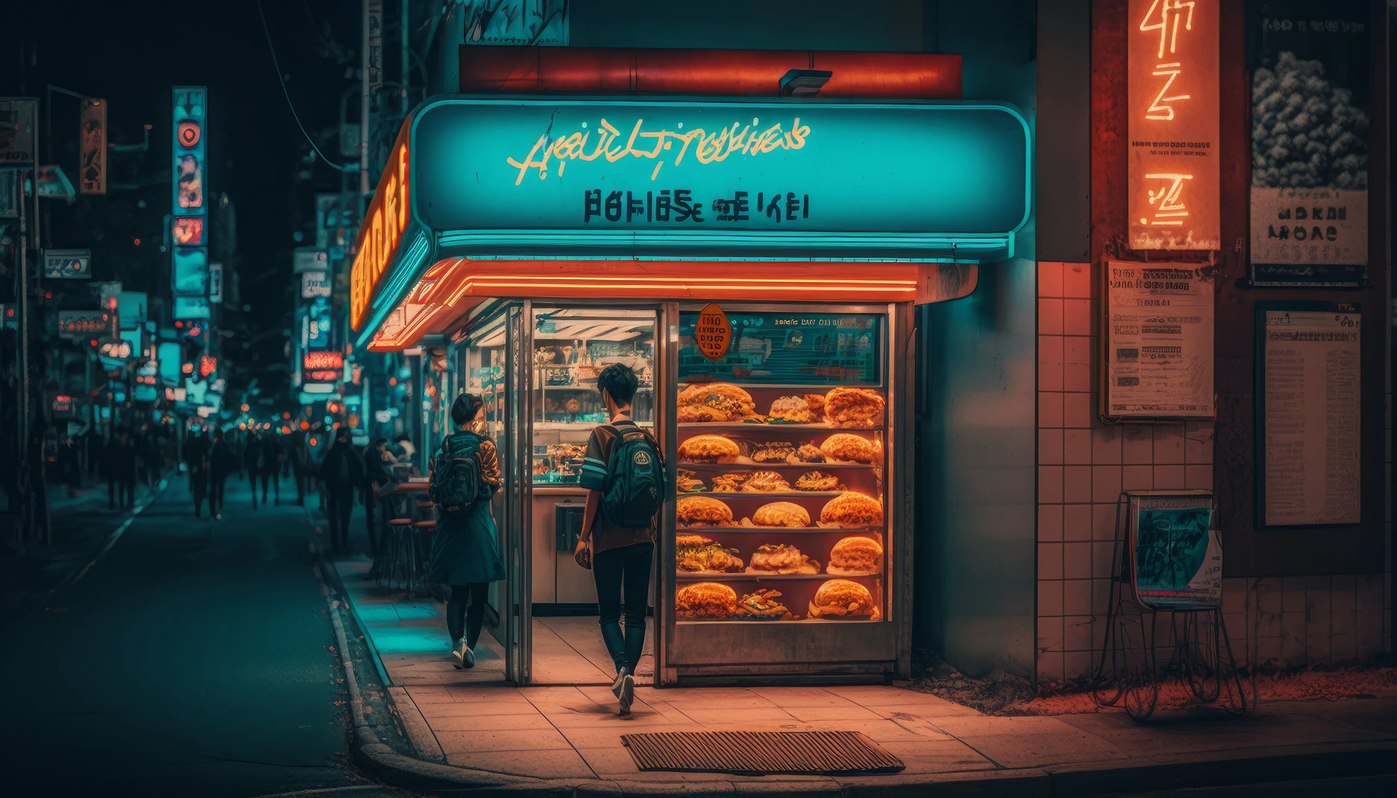 艺术 插图 街道 霓虹灯 食物 路灯 灯 背包 4K壁纸