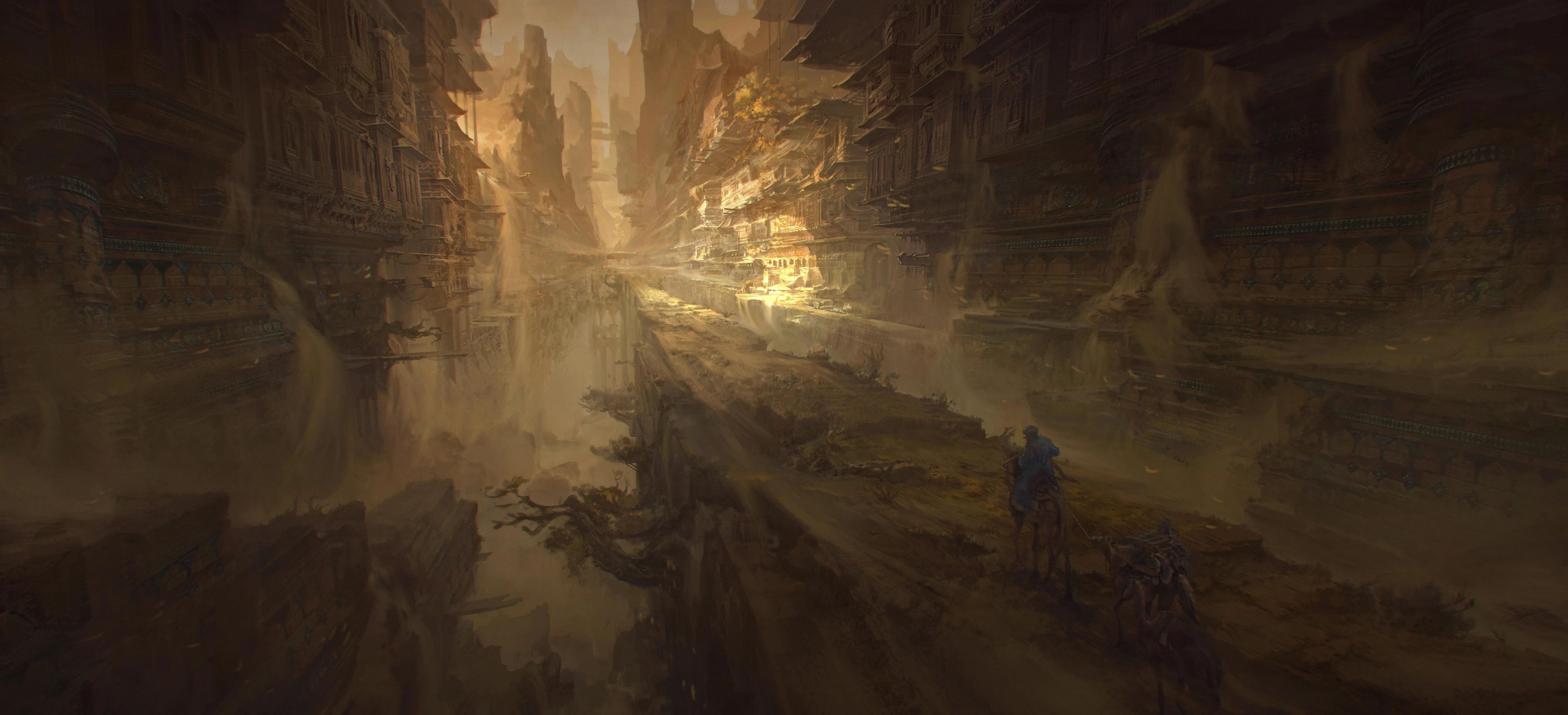 AI艺术 概念艺术 灰尘 建筑 山 沙 路 丝绸之路 奇幻艺术 4K壁纸