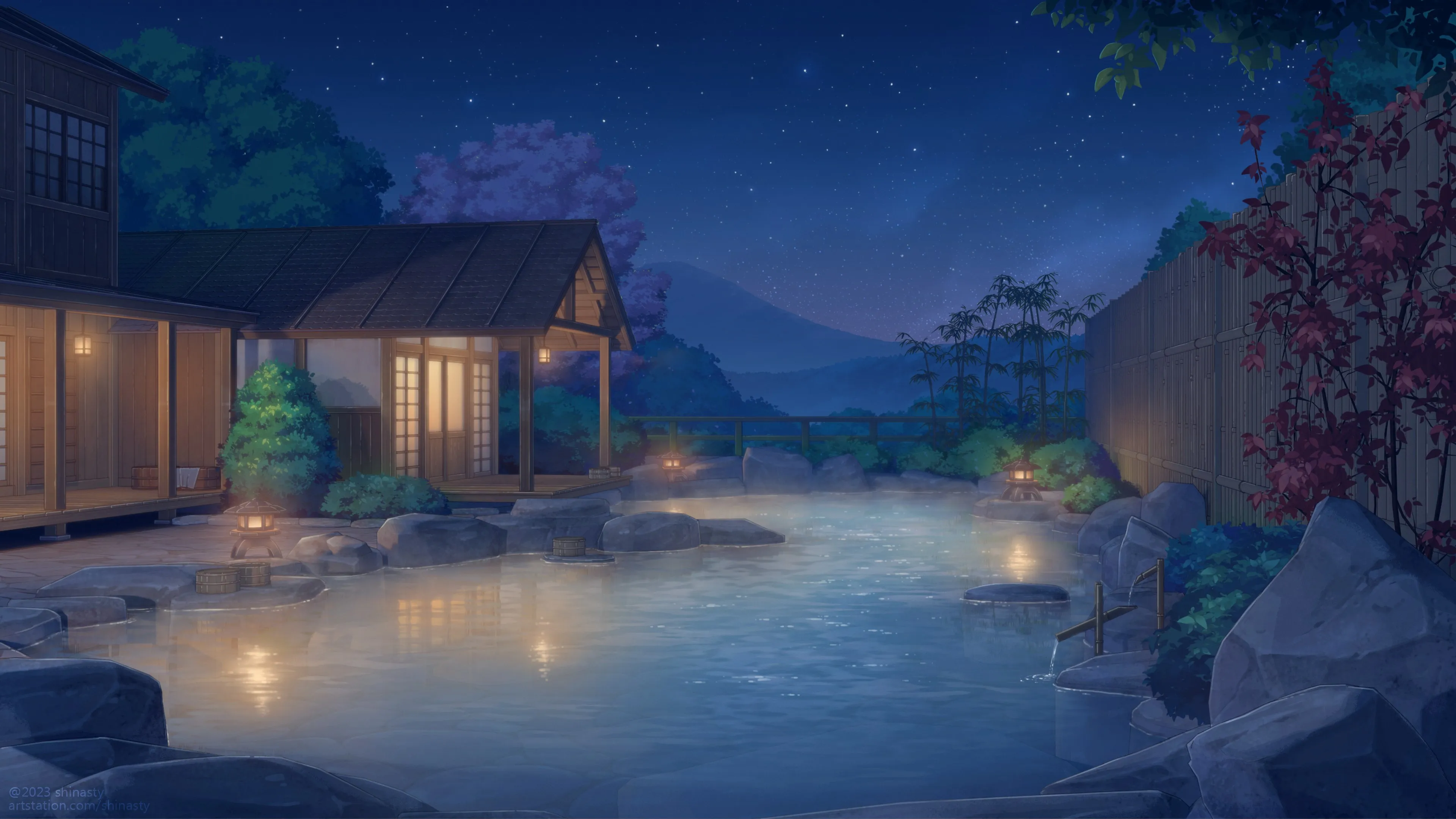 数字艺术 艺术作品 插图 数字绘画 夜 房屋 星星 星空 水 山 森林 竹子 水 温泉 4K壁纸