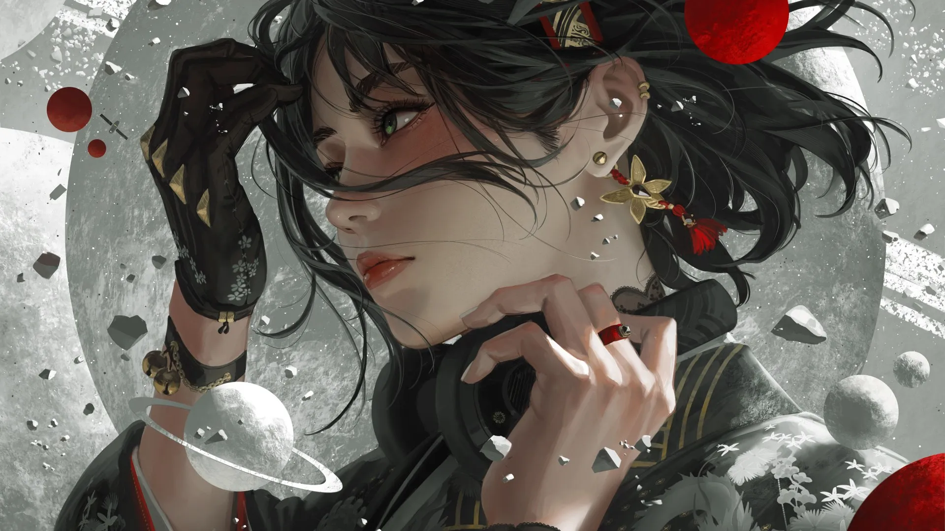 女人 绿眼睛 脸 绘画 特写 耳机 行星 卫星 耳环 手套 流苏 耳环 黑发 头带 8K壁纸