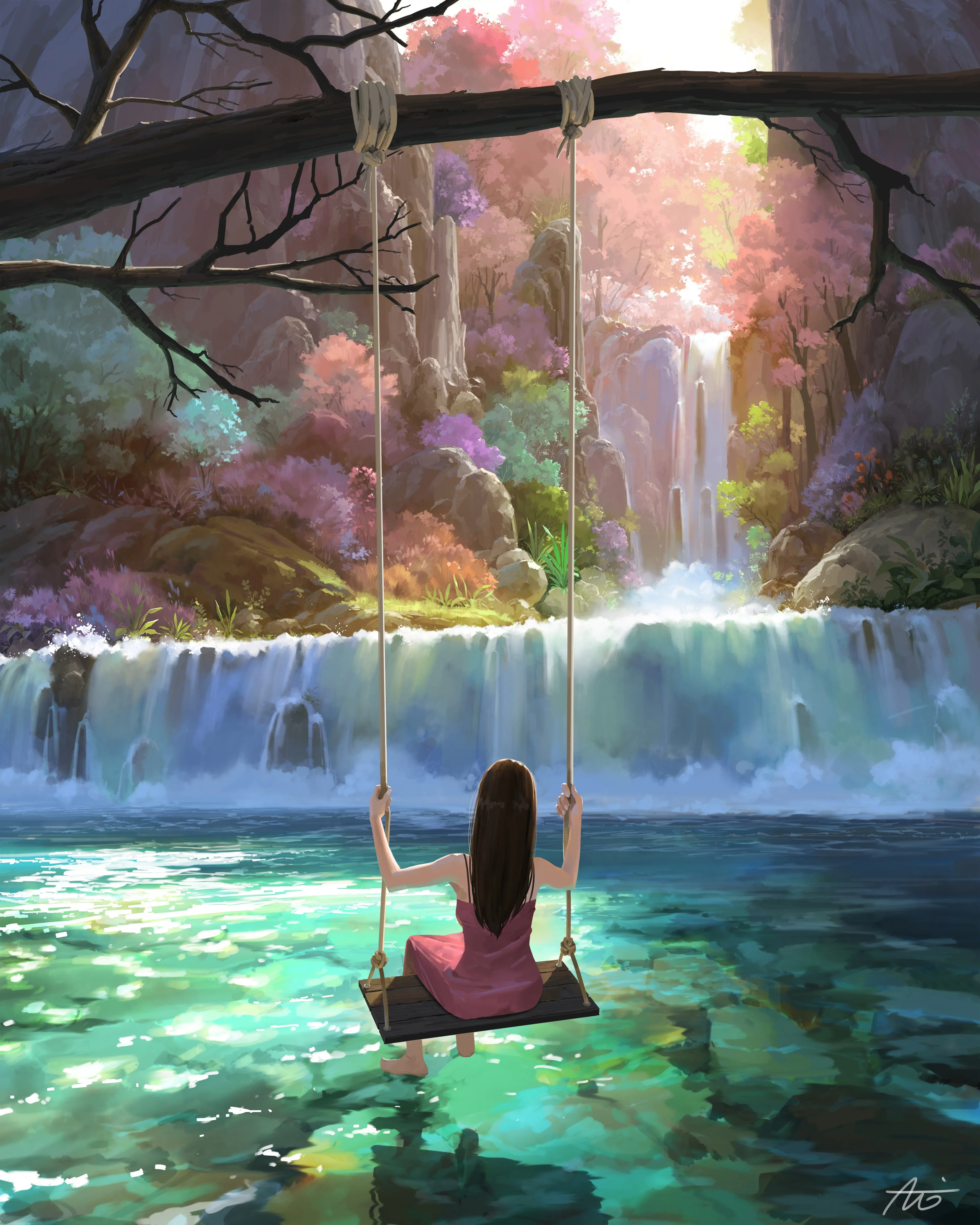 女人 坐着 长发 黑发 数字艺术 艺术品 插图 数字绘画 肖像 自然 秋千 瀑布 水 河流 阳光 手机壁纸 4K壁纸