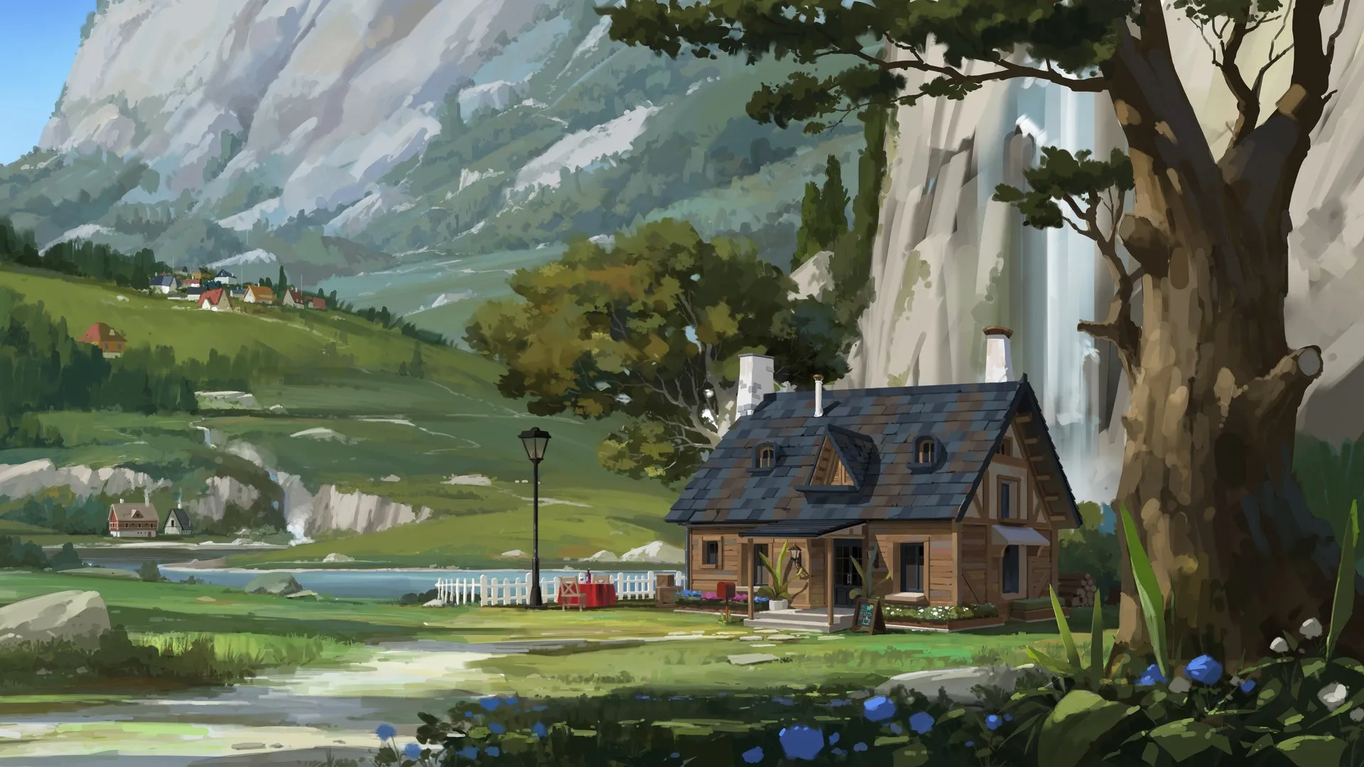 AI艺术 房子 山 树 水 草 叶 花