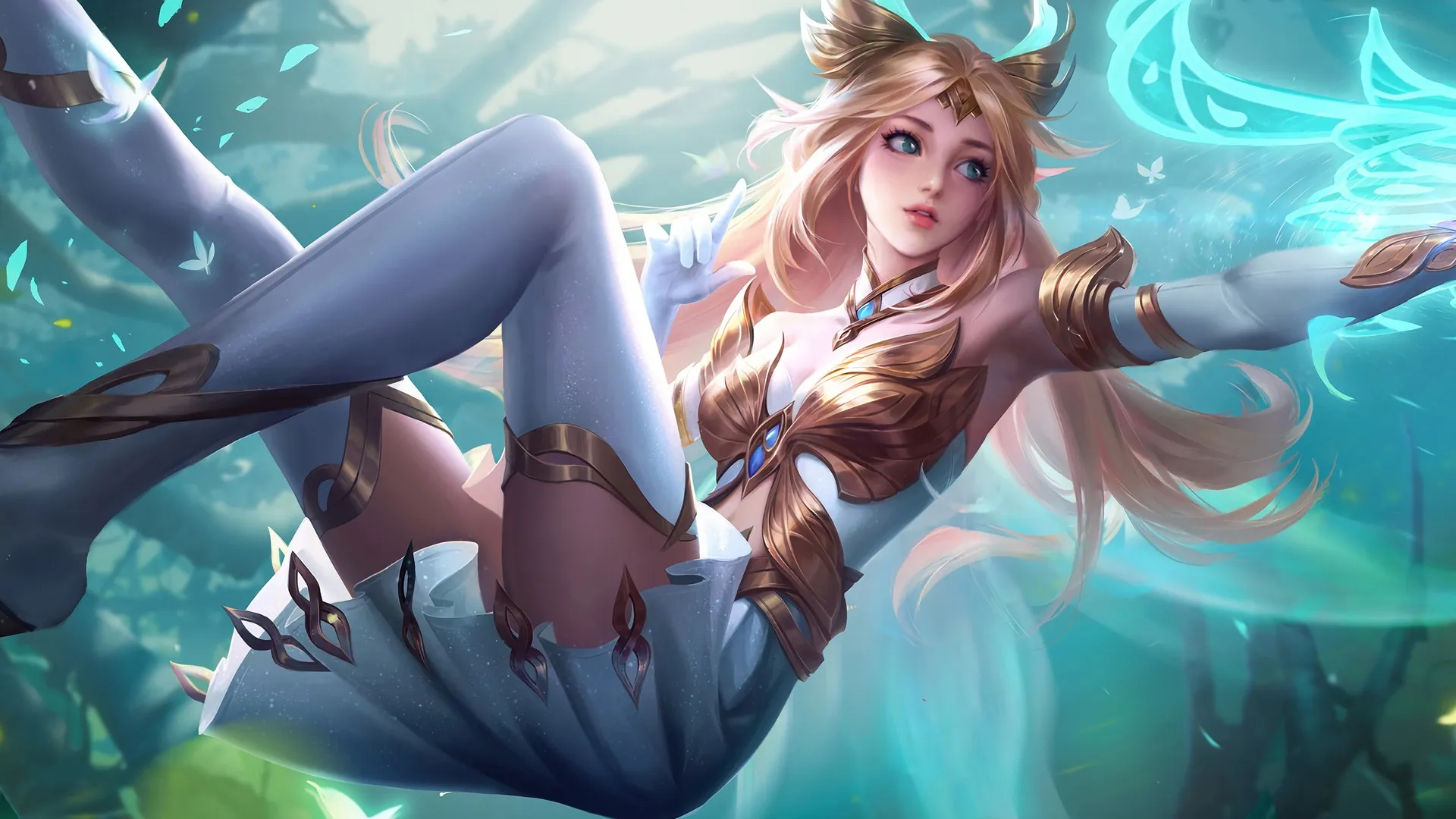 金发 双腿 蓝眼睛 长发 坠落 梦幻女孩 电脑壁纸 4K壁纸