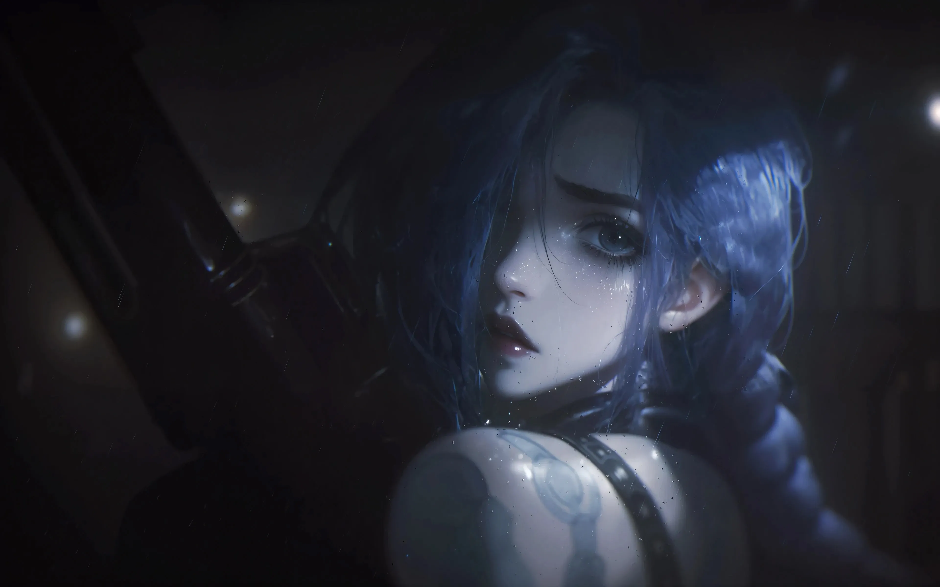 金克斯 回眸 回头 雨水 蓝色头发 辫子 英雄联盟 双城之战 4K壁纸