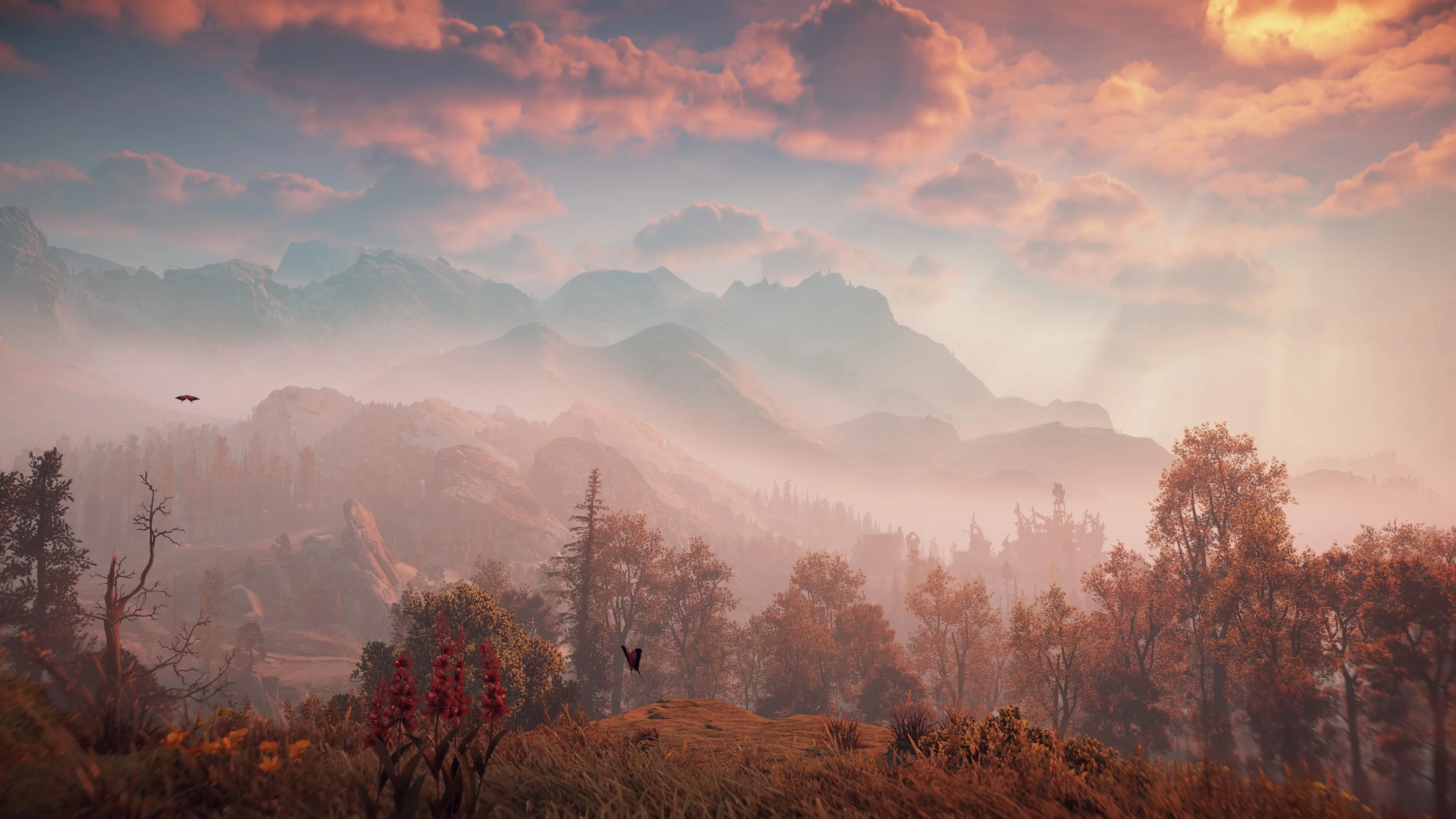 地平线 黎明 风景 屏幕截图 电子 游戏 山脉 森林 树木 云朵 阳光 天空 CGI 4K壁纸