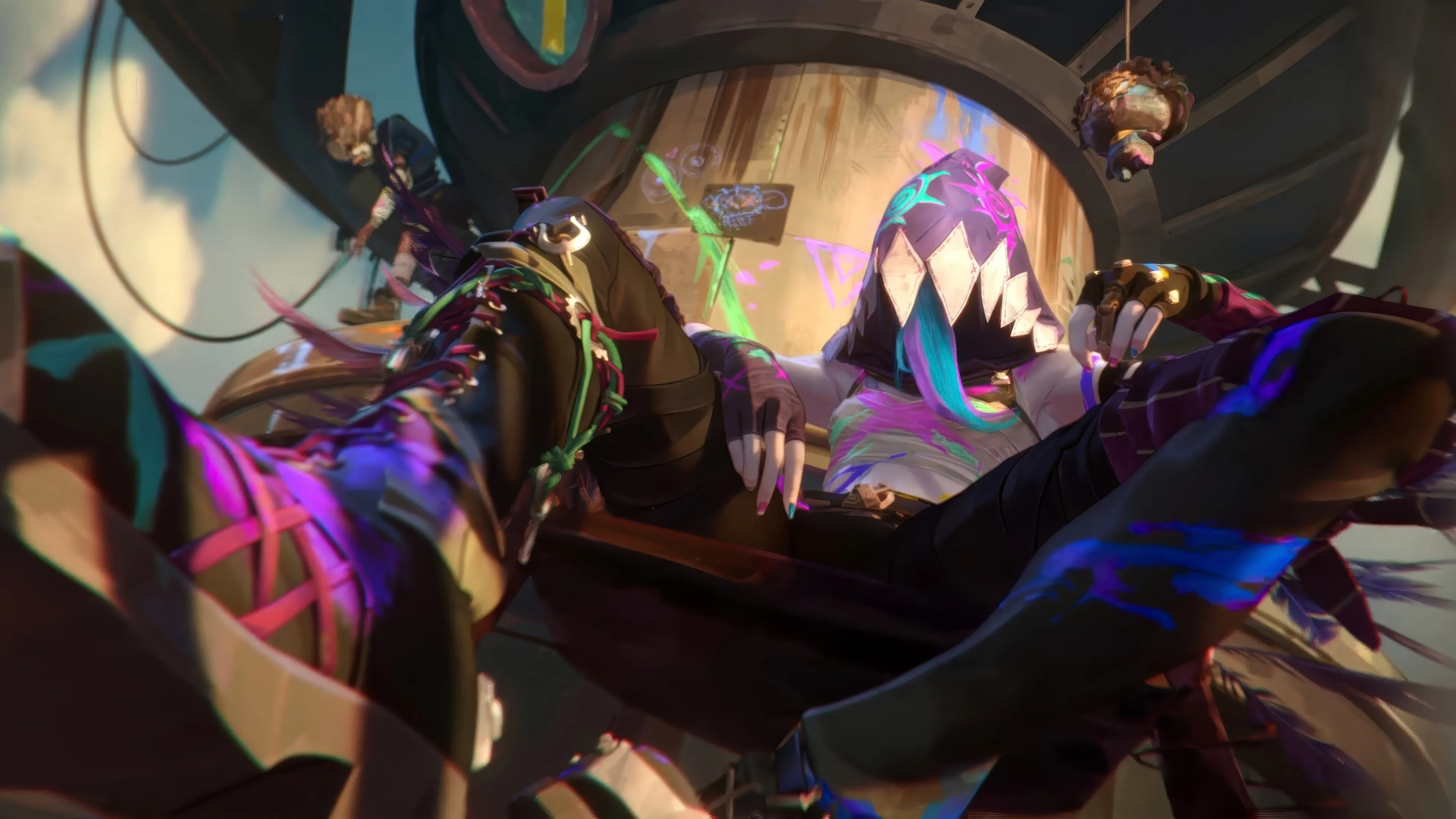 英雄联盟 电子 游戏 角色 指甲 坐着 女孩 长发 双城之战 兜帽 手套 靴子 4K壁纸