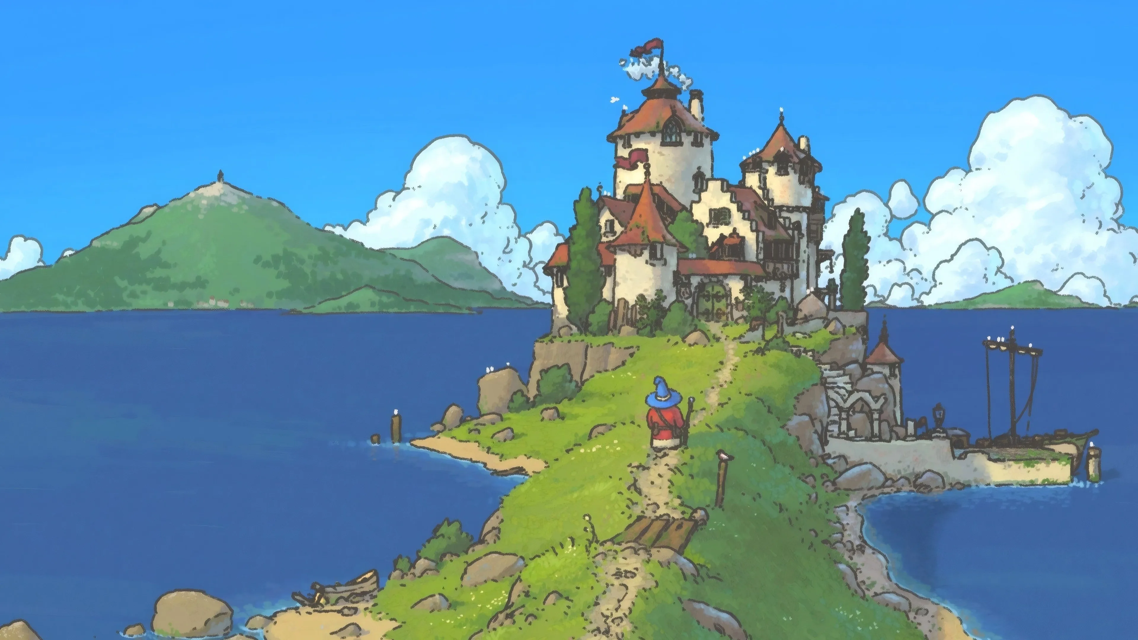 向导 岛塔 码头 水 天空 云 草 像素 游戏 4K壁纸