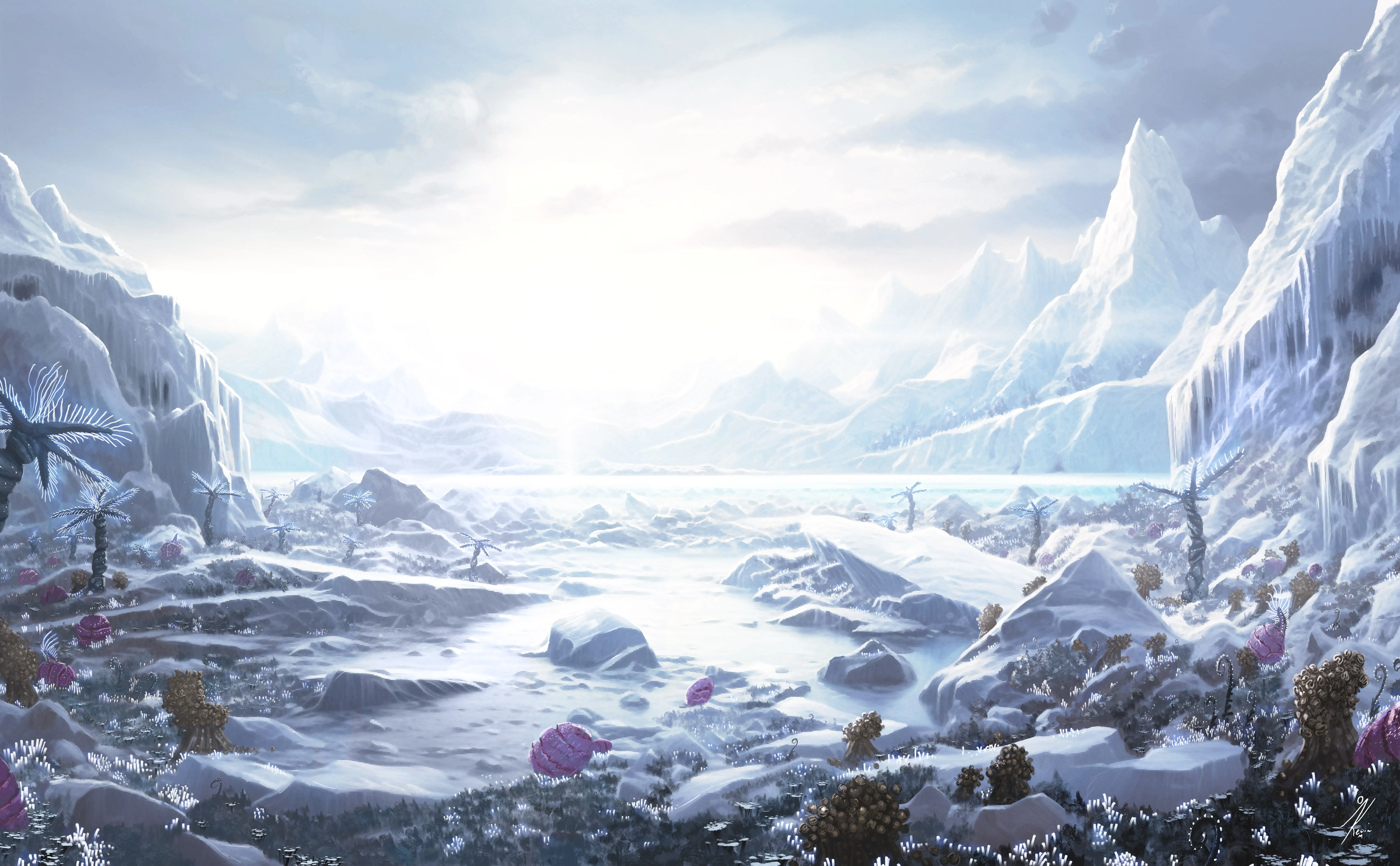 精英 危险 外星 世界 冰冻 湖泊 雪山 花朵 环境 绘画 科幻 小说 风景 阳光 自然 雪 天空 8K壁纸