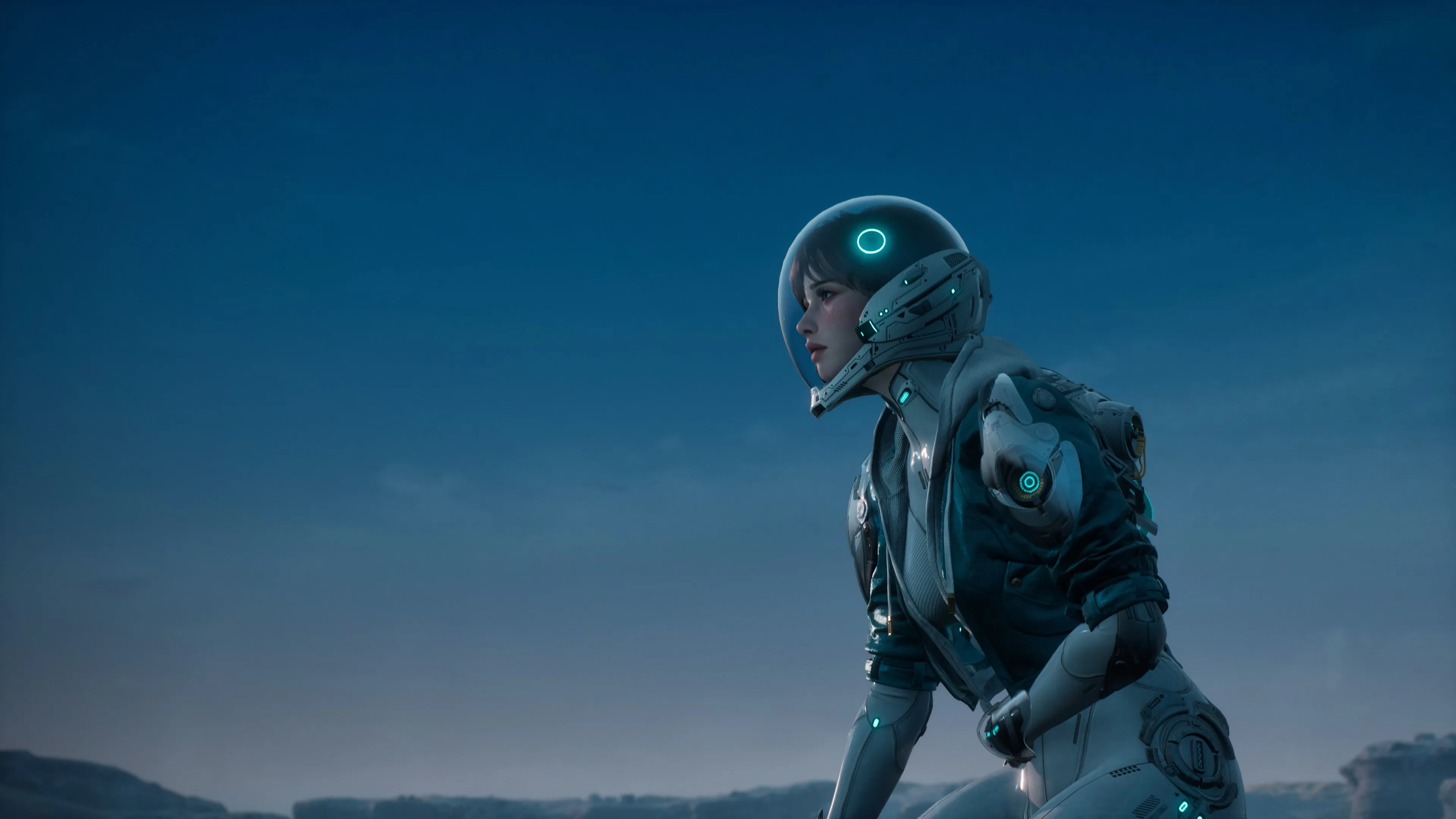 电子 游戏 角色 女孩 黑发 蓝眼睛 CGI 屏幕截图 天空 头盔 紧身衣 宇航服 晴朗 天空 4K壁纸