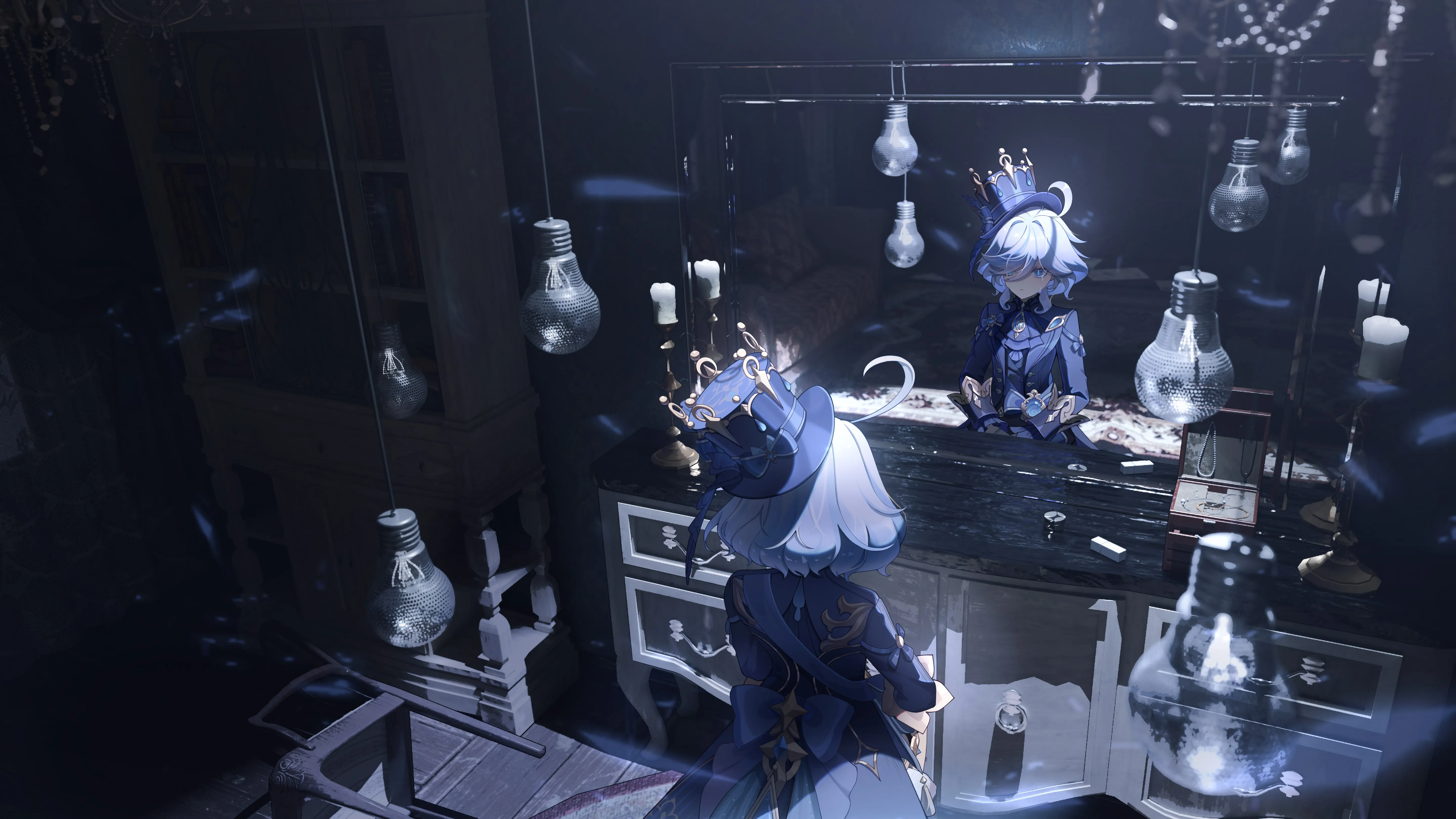 室内 女性 蓝色头发 短发 泪水 动漫 女孩 游戏 镜子 孤独 花瓣 哭泣 超宽 灯泡 帽子 礼帽 4K壁纸