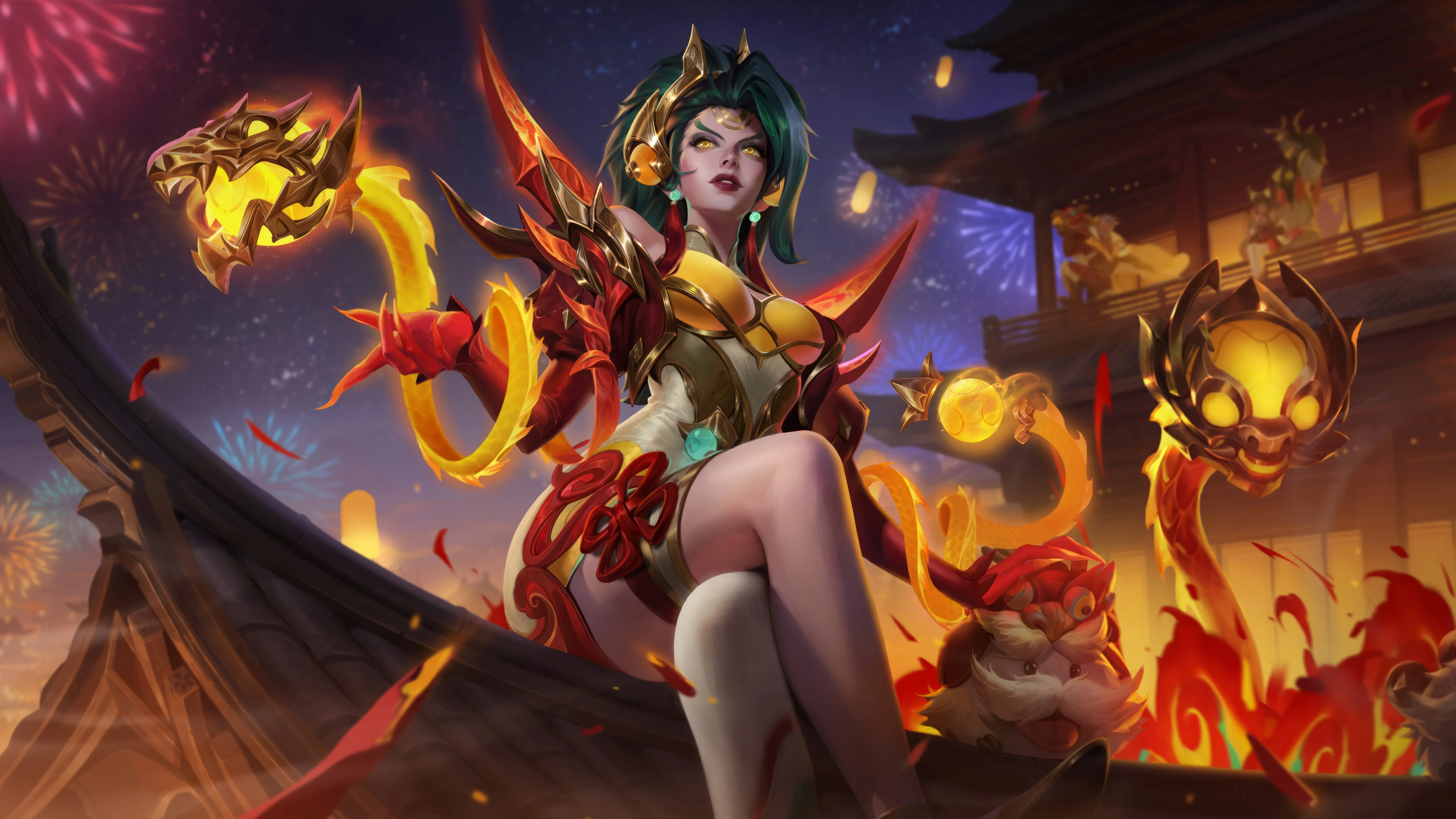 英雄联盟 电子游戏 女孩 腿 龙灯 数字艺术 烟花 天空 夜晚 8K壁纸
