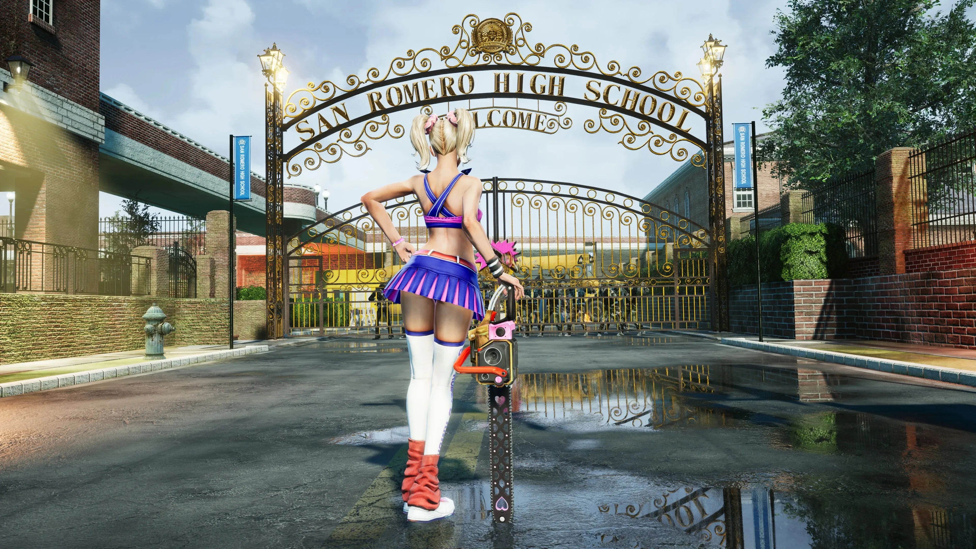 电子游戏 女孩 金发 棒棒糖 电锯 高中 水坑 啦啦队 僵尸 校车 街道 水 电锯 裙子 双胞胎 树叶 砖块 人行道 沥青 后视镜 4K壁纸