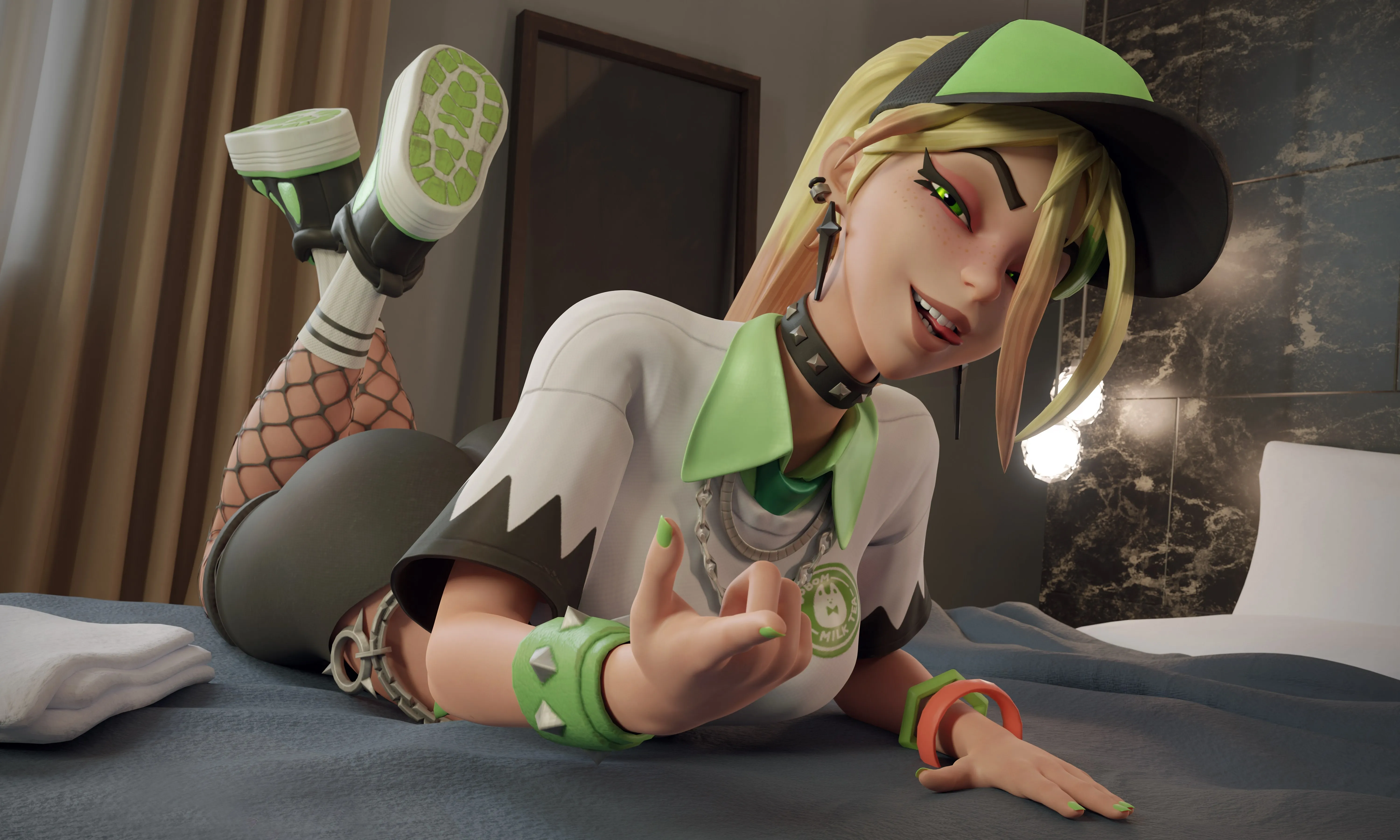 电子游戏 女孩 雀斑 吐舌 视频 游戏 数字艺术 袜子 白袜子 水手袜 条纹袜 鞋子 鞋底 短袖 棒球帽 酒店房间 4K壁纸