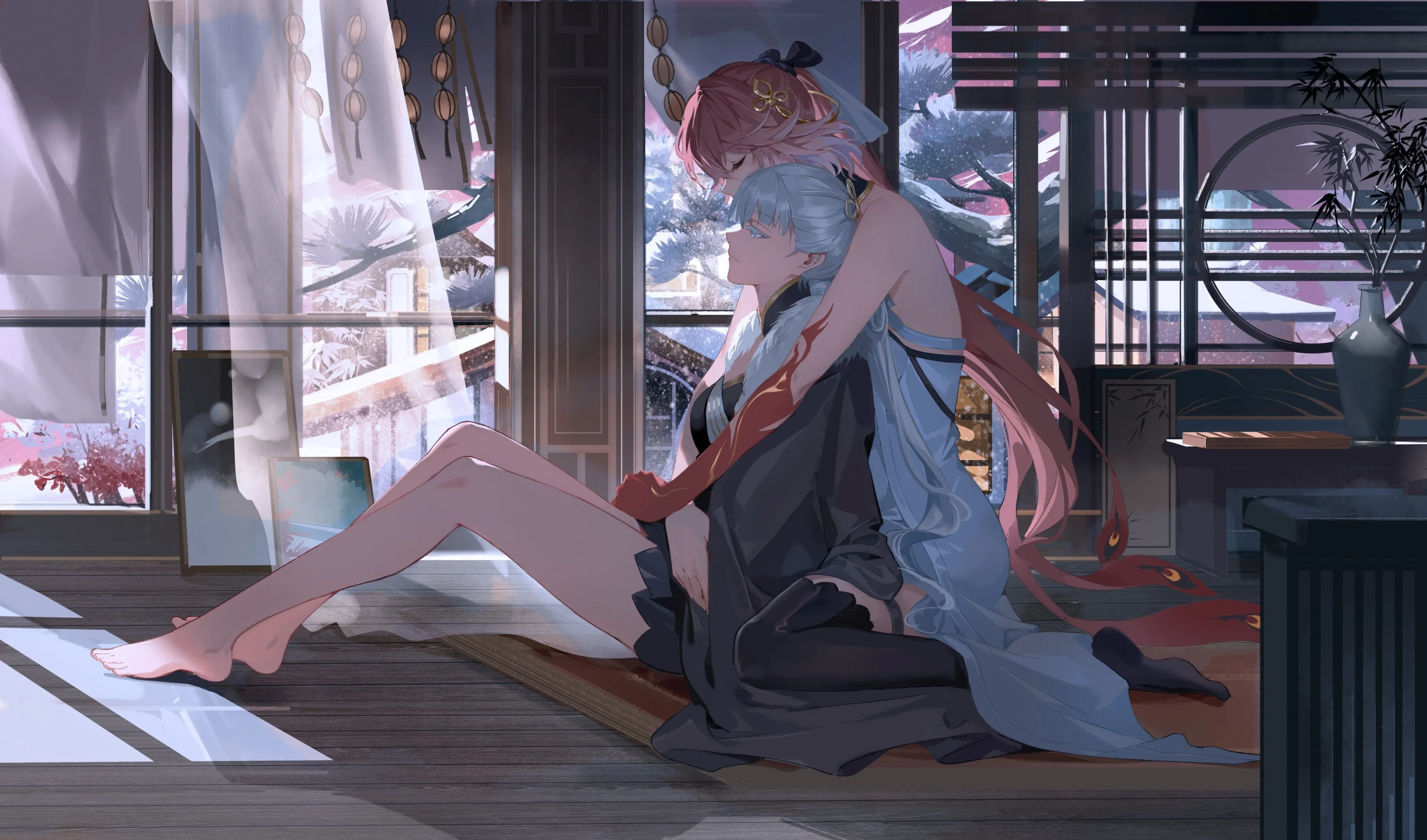 电子 游戏 女孩 粉色头发 拥抱 白发 坐着 艺术 昌里 锦溪 4K壁纸