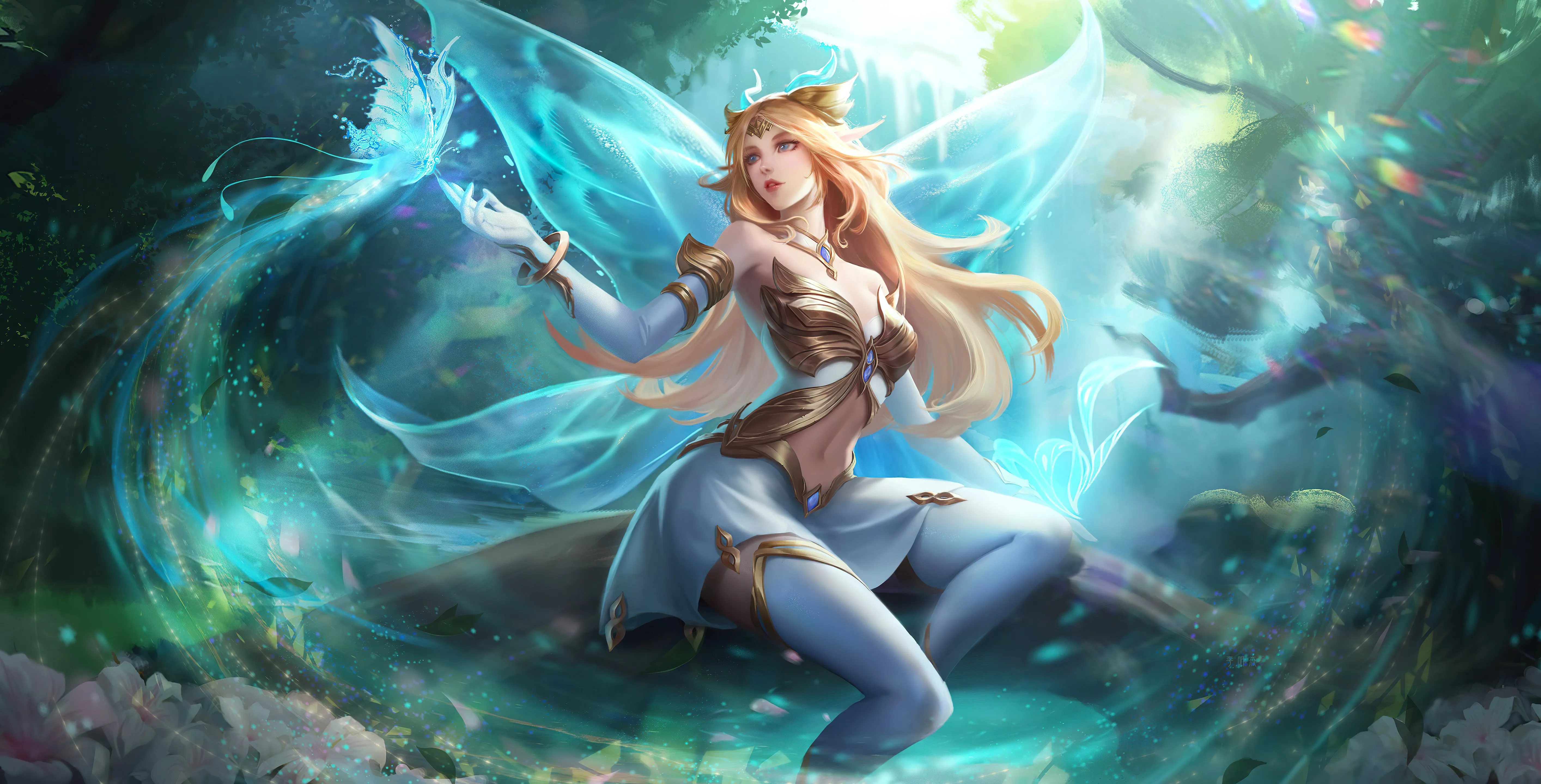 金发女郎 王者荣耀 游戏CG 水 蝴蝶 翅膀 4K壁纸
