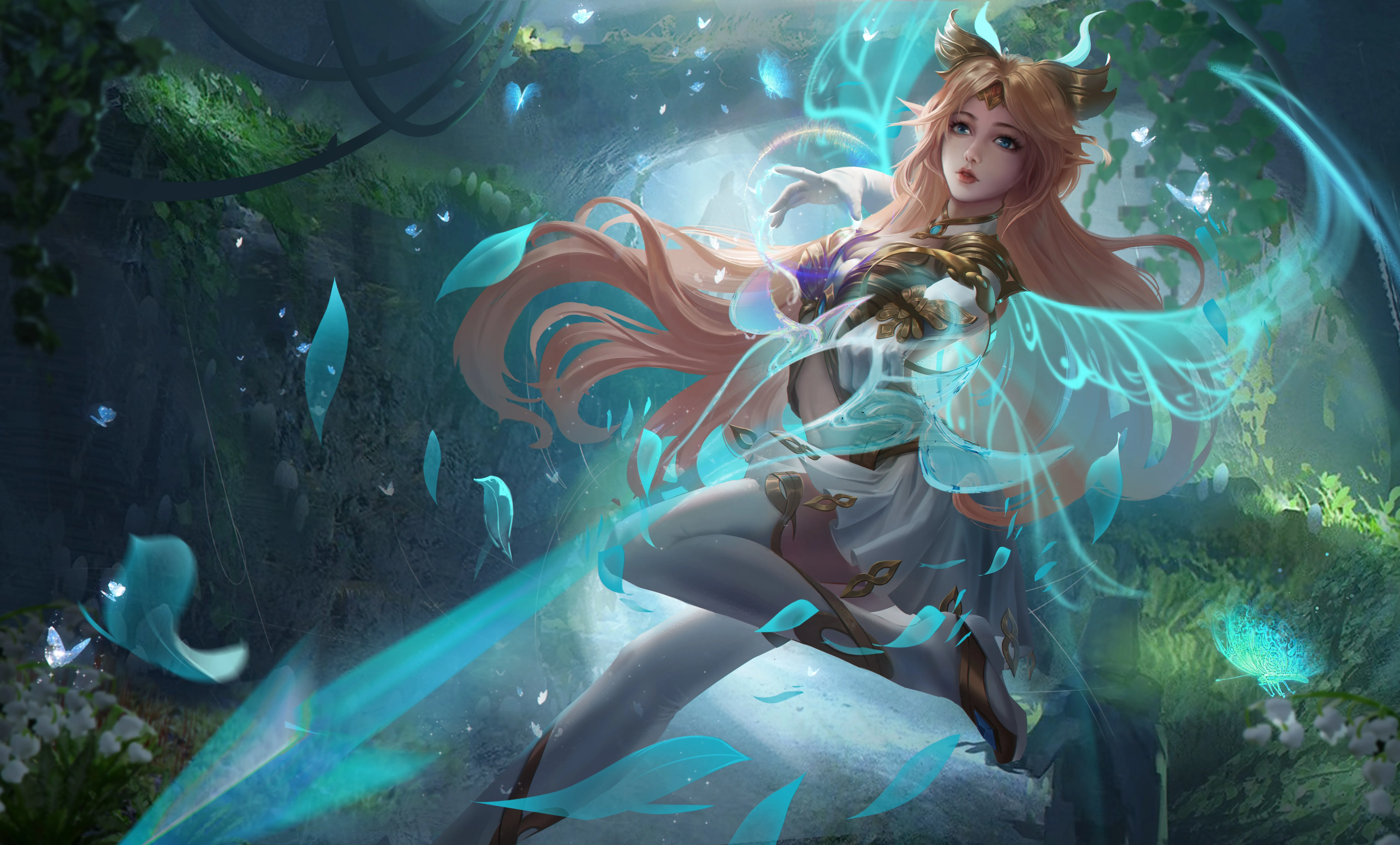 幻想女孩 蓝眼睛 艾琳 王者荣耀 游戏 女孩 蝴蝶 花园 弓箭 白丝袜 白手套 蝴蝶 裙子 幻想艺术 花瓣 电脑壁纸 4K壁纸