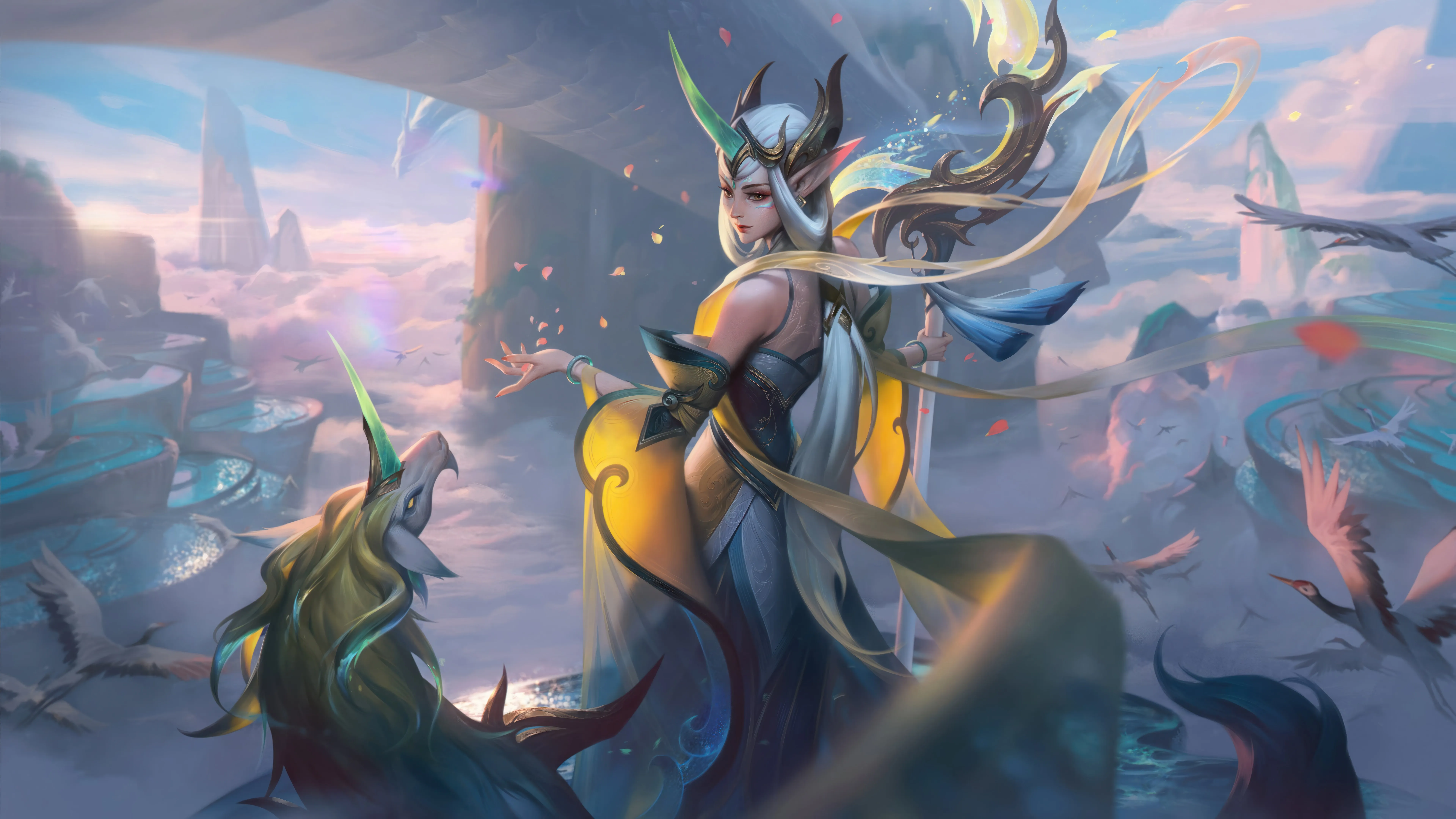 索拉卡 英雄联盟 游戏 人物 LOL AI艺术 花瓣 天空 云 兽耳 动物 8K壁纸