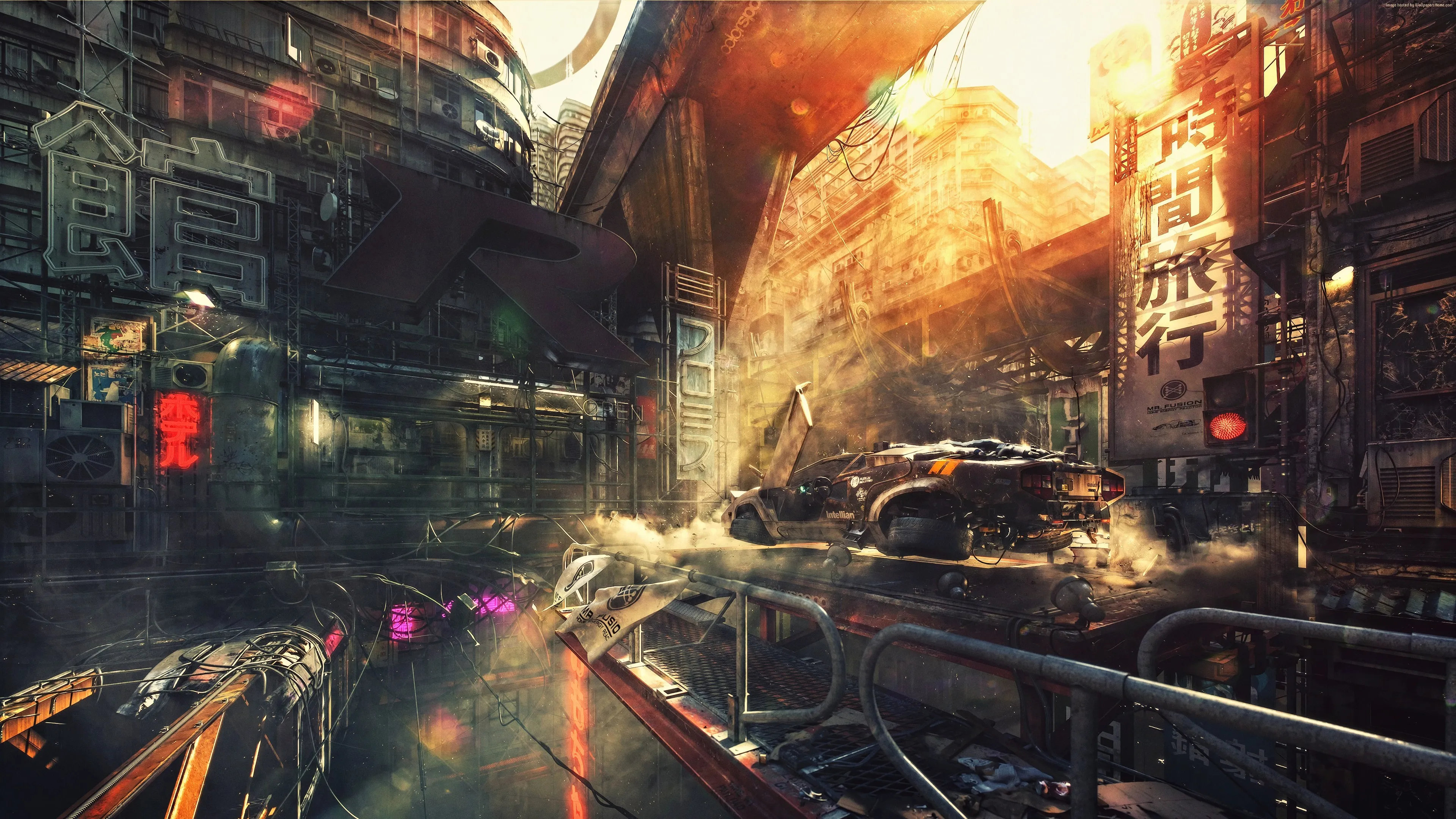 科幻 AI艺术 概念艺术 未来主义 奇幻艺术 日落 宇宙飞船 赛博朋克 城市 兰博基尼 4K壁纸