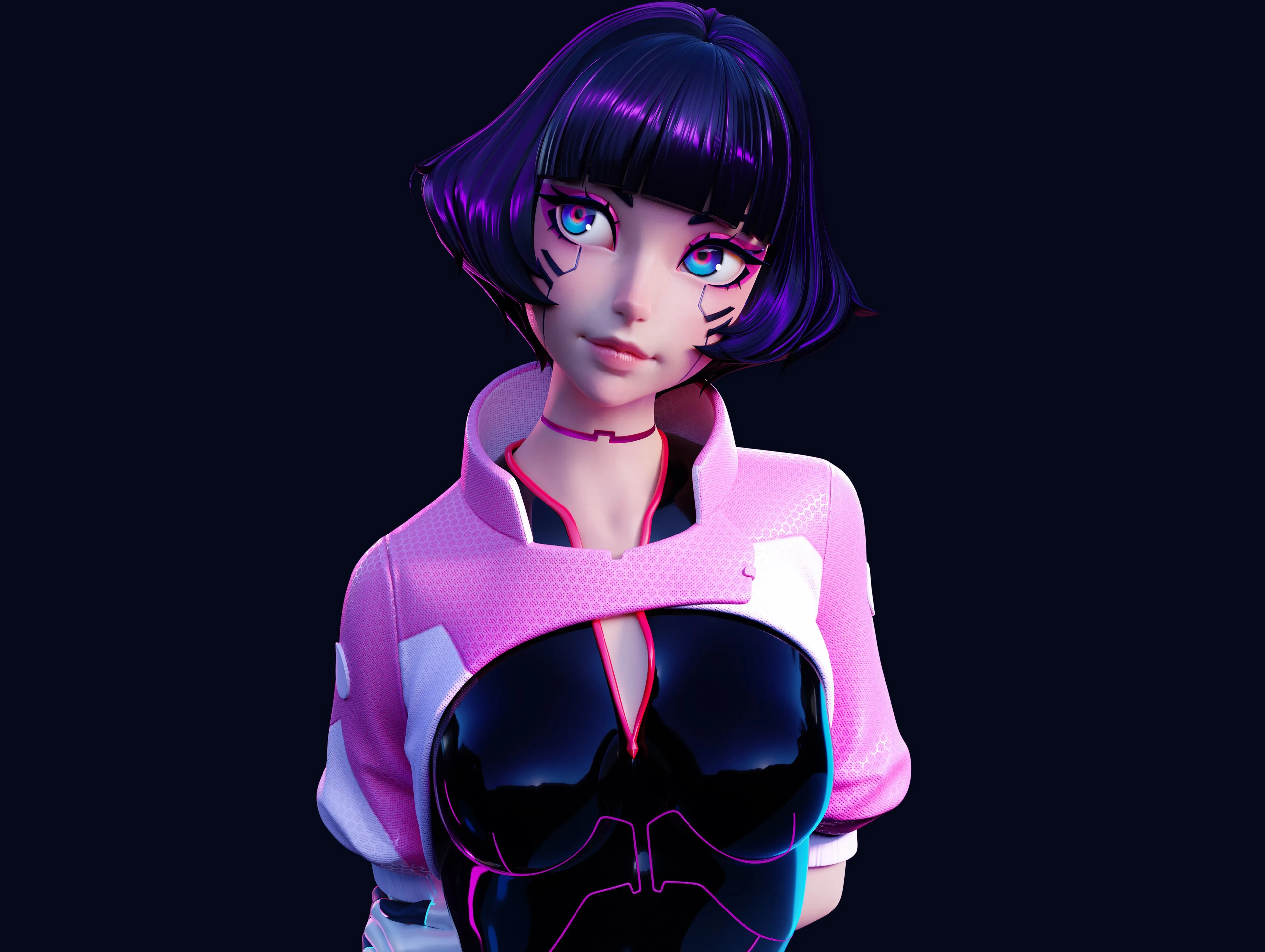 赛博朋克 深色头发 波波 蓝眼睛 抬头 粉色 黑色 简单背景 极简主义 黑色背景 4K壁纸