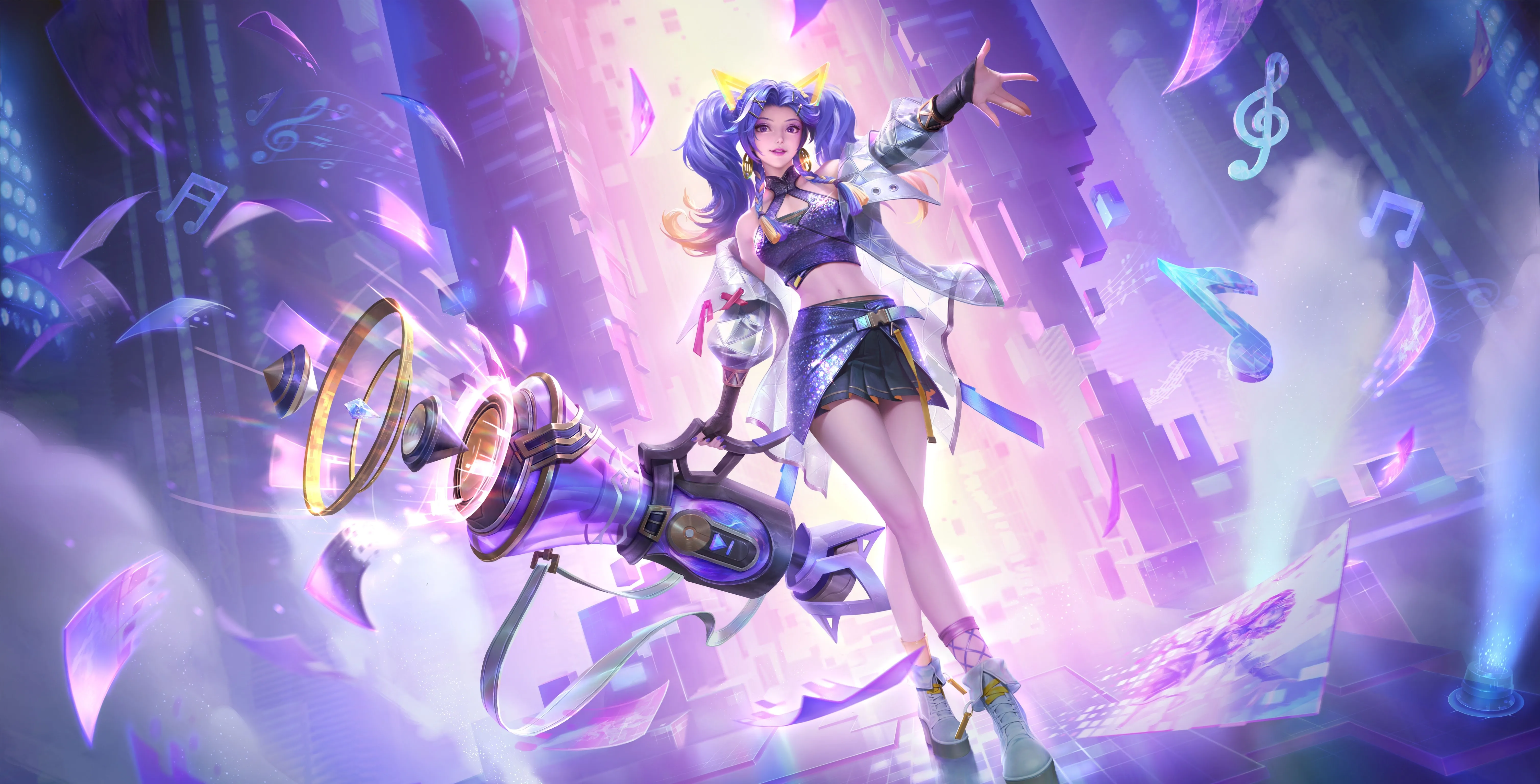 紫色头发 辫子 游戏CG 角色 王者荣耀 动漫女孩 双尾 粉色灯光 裙子 4K壁纸