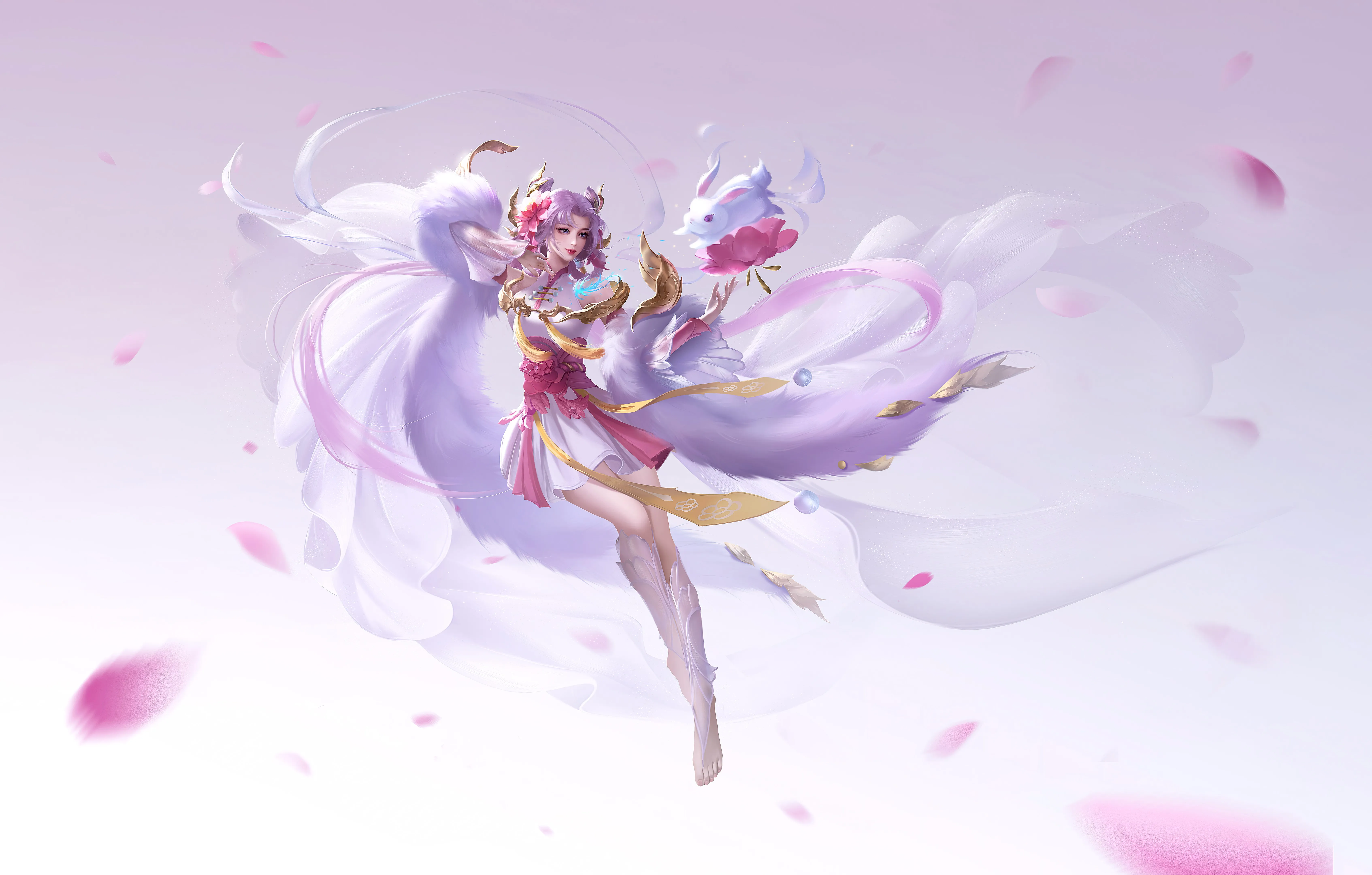 游戏CG 角色 奇幻女孩 紫色头发 腿 口红 女人 王者荣耀 兔子 动物 连衣裙 简单背景 紫色背景 白色连衣裙 4K壁纸