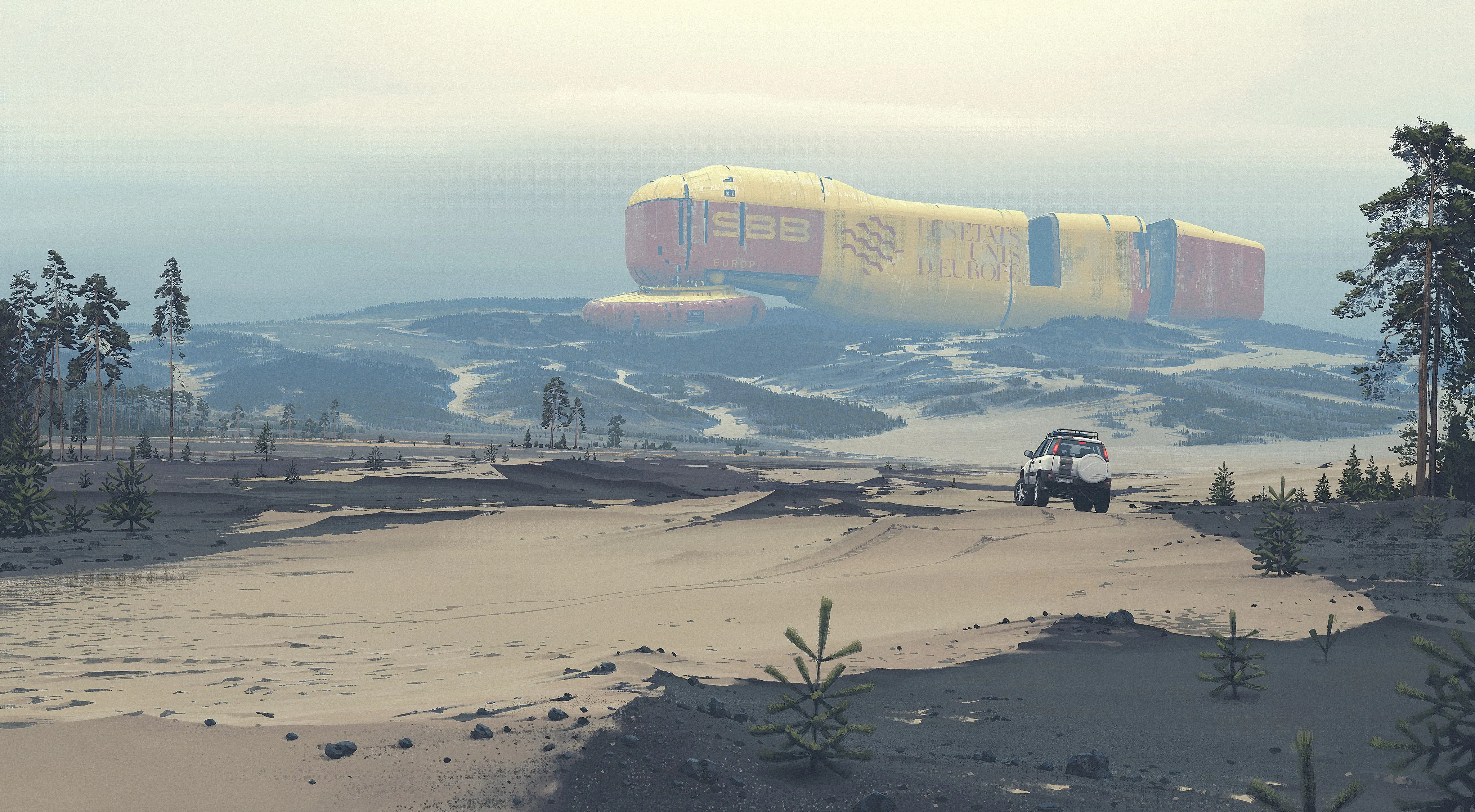 风景 未来主义 沙漠 荒漠 越野车 飞船 基站 基地 4K壁纸