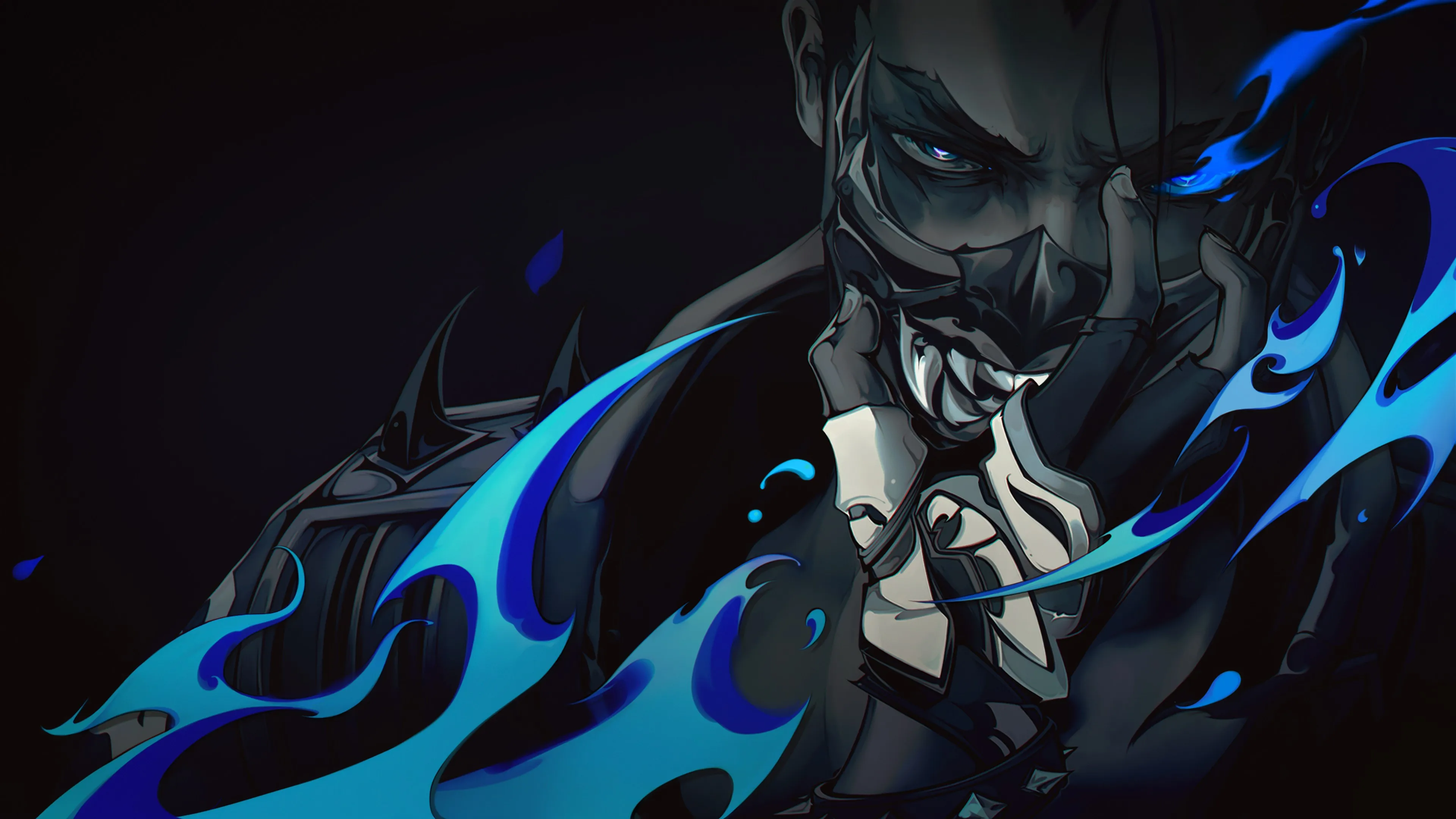 游戏 CG 面具 鬼面 火焰 蓝色火焰 黑色背景 男人 4K壁纸