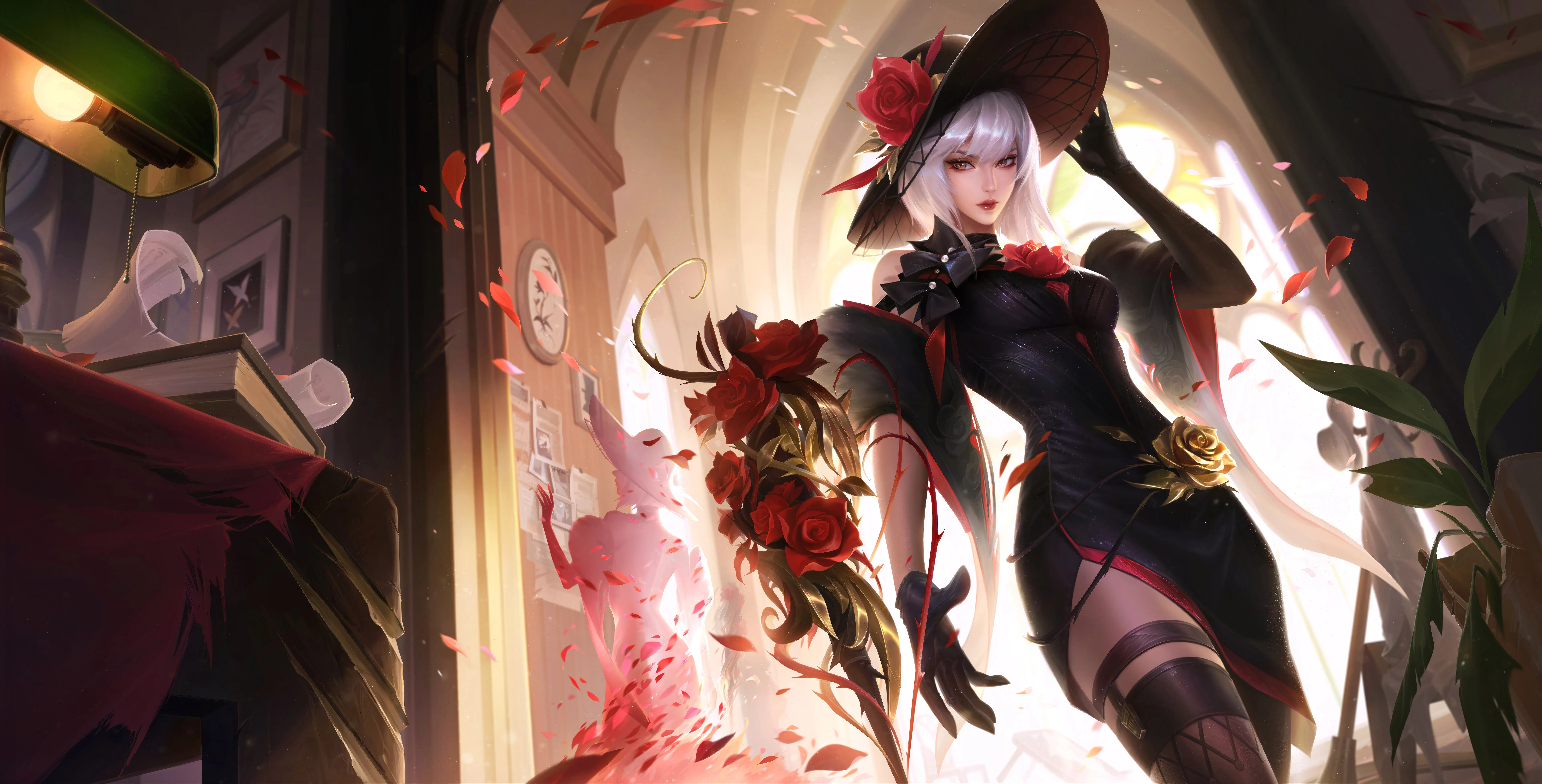 游戏CG 人物 王者荣耀 刀 长袜 黑色裙子 鲜花 连衣裙 游戏 帽子 鲜花 手套 花瓣 女孩 树叶 玫瑰 8K壁纸