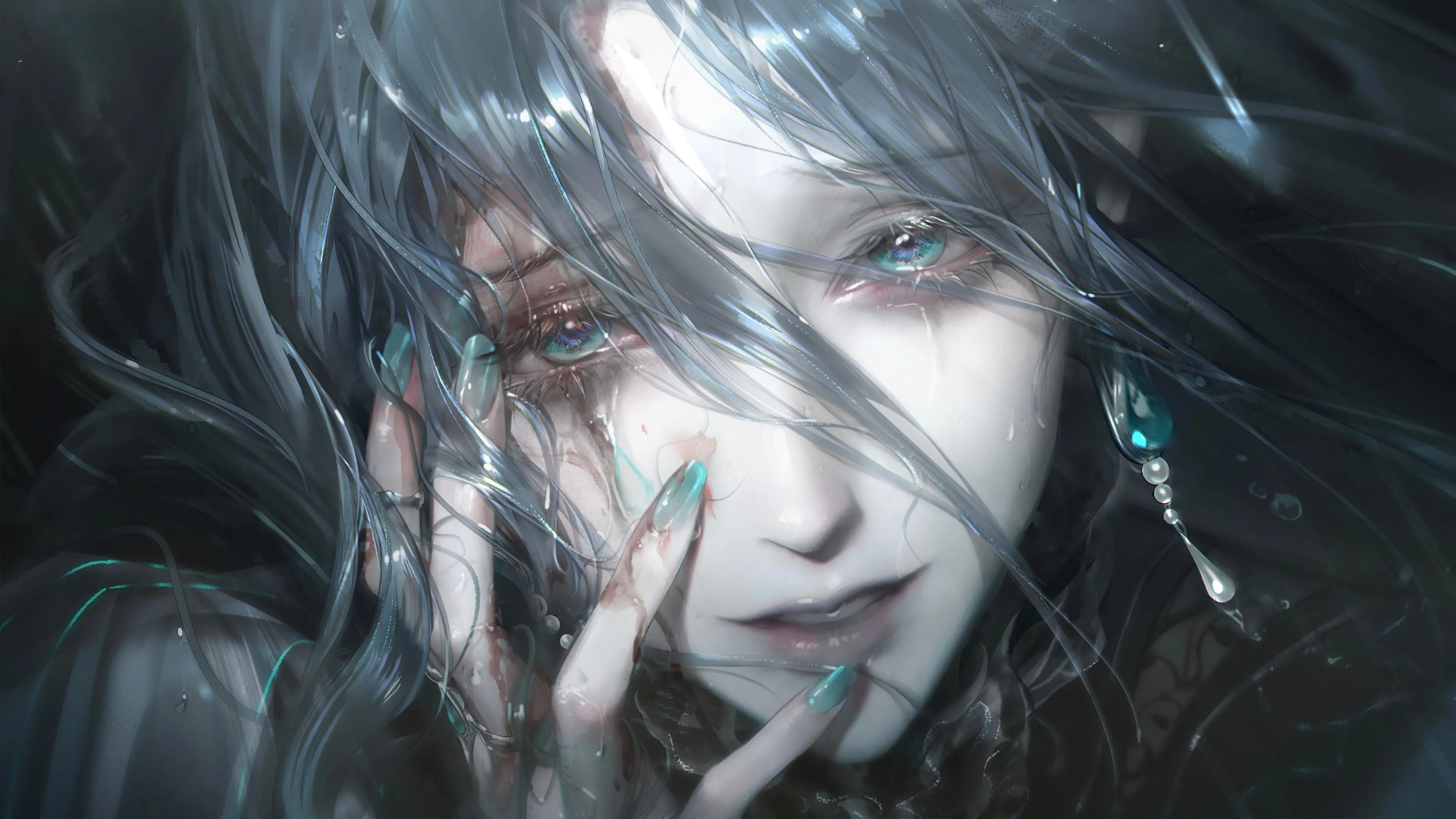 电子 游戏 角色 蓝头发 动漫 女孩 数字艺术 无路之路 血液 眼泪 4K壁纸