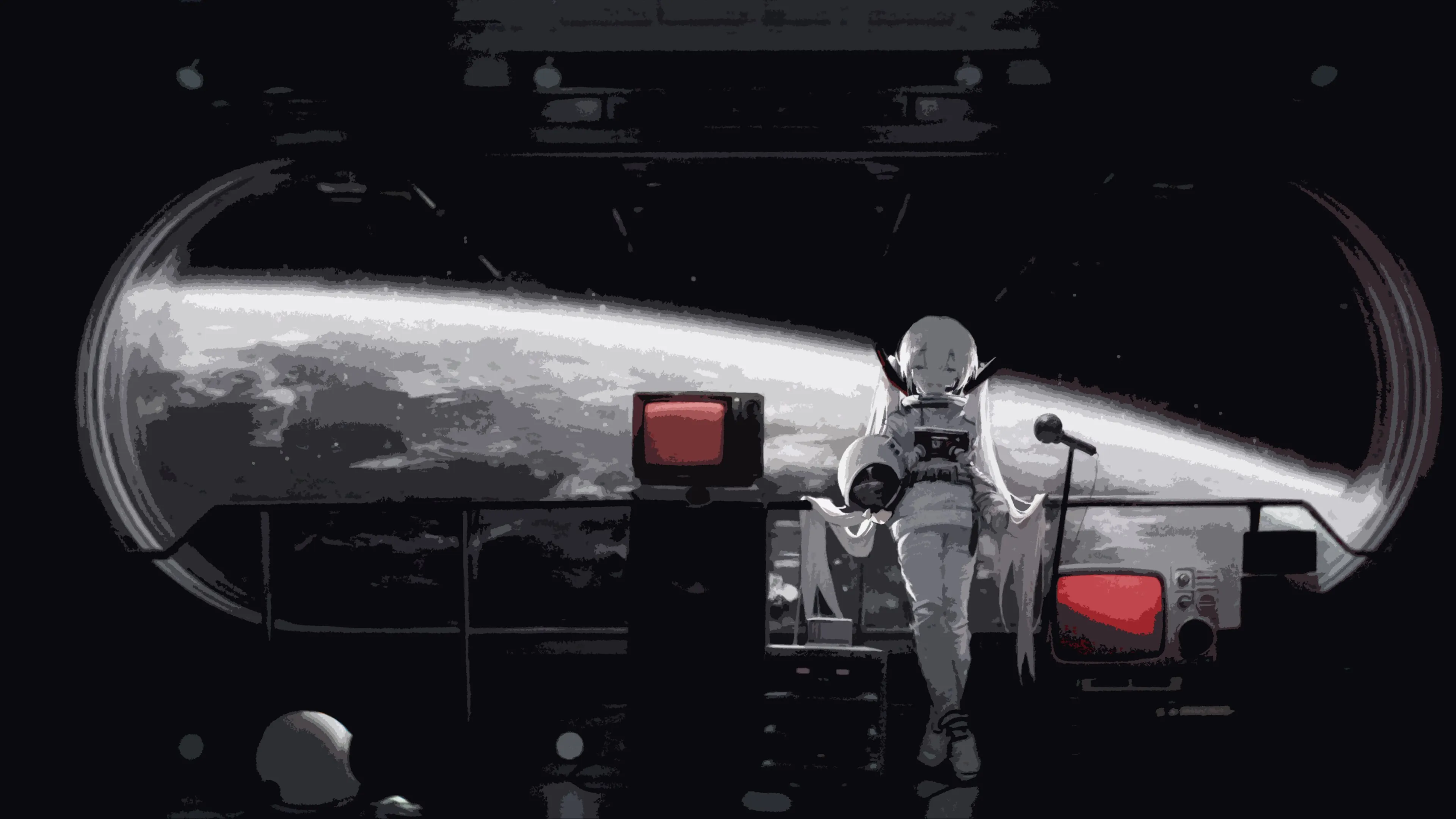长发 宇航员 动漫 女孩 极简主义 单色 电视 轨道 地球 行星 太空 房间 宇宙飞船 科幻小说 未来 4K壁纸